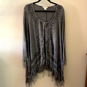 Indigo Thread Co. grey lightweight jacket with fringe. A cowgirl’s dream jacket.